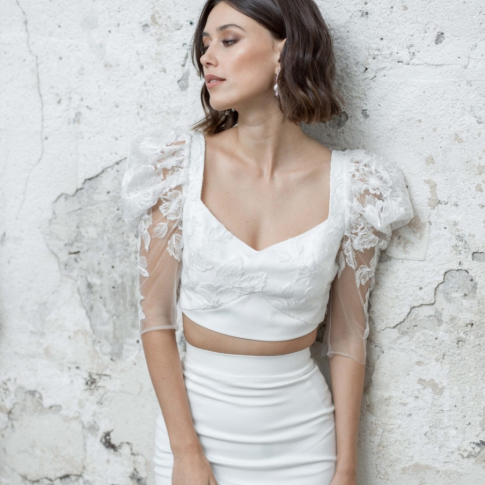 Rime Arodaky White Two-Piece Bridal Gown with Lace Puff Sleeves - Picture 2 of 11